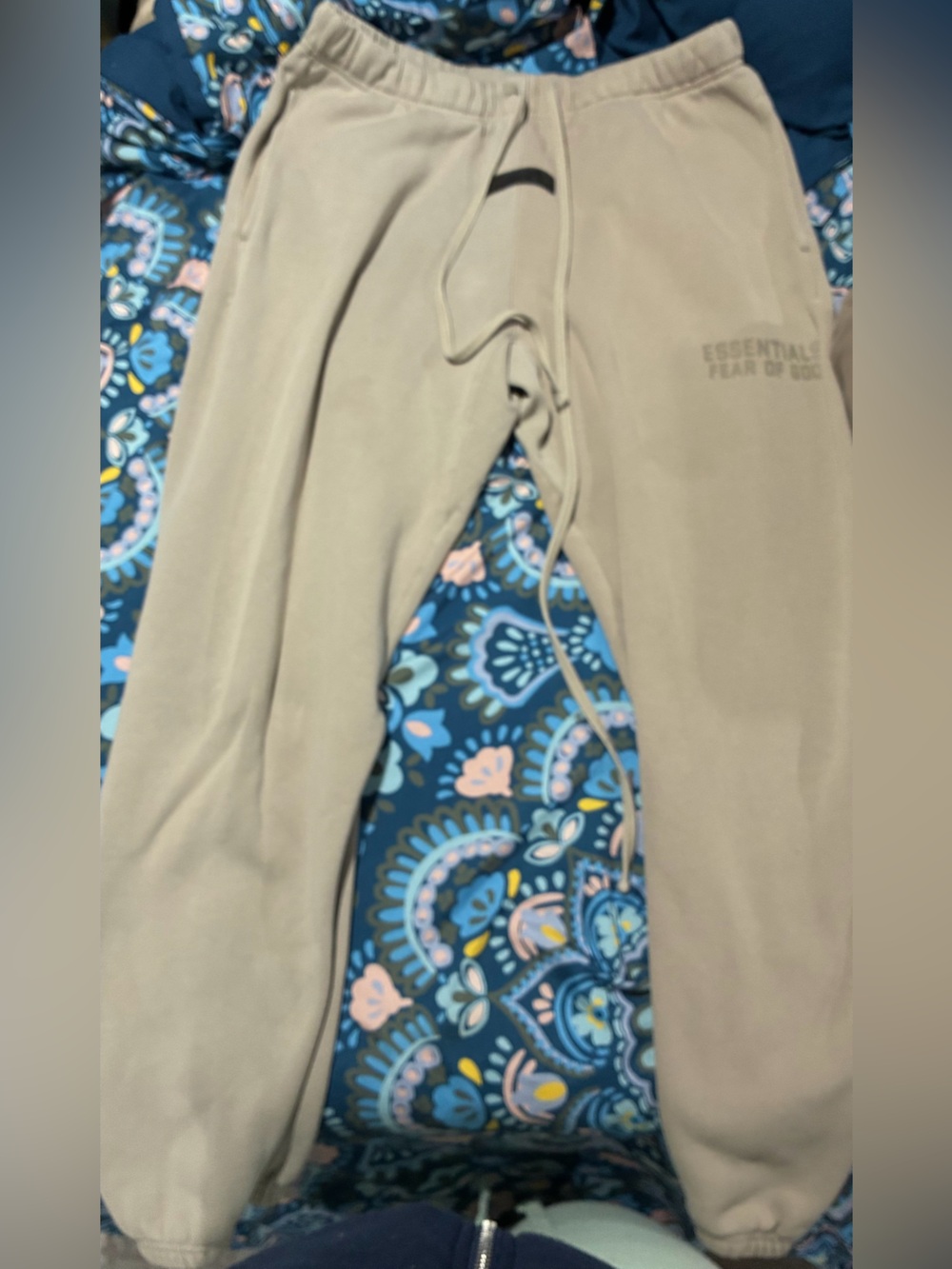 Essentials Beige Men’s Sweatpants with Blue Floral Lining
